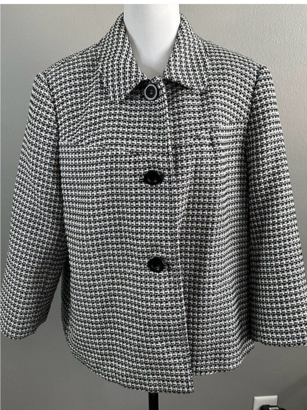 JM Collection Black & White Houndstooth Pea Coat